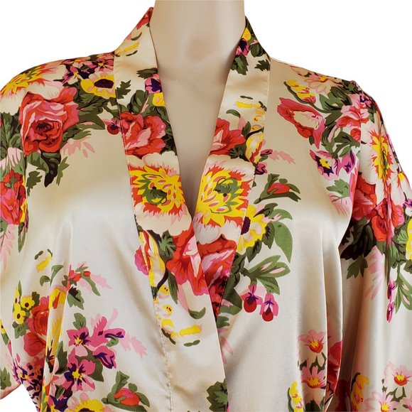 Satin Floral Women's L Dressing Robe Matching Tie Belt Knee Length - Picture 2 of 9